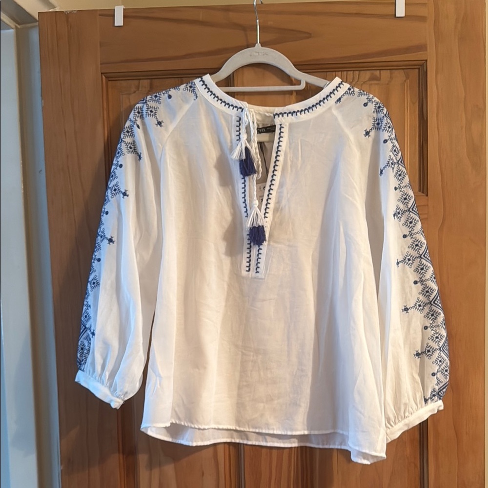 Zara White Blouse with Blue Embroidery